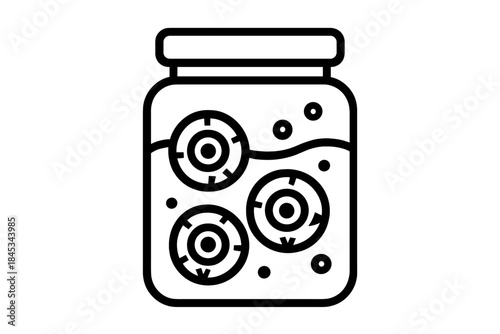Outline icon of glass jar holding preserved human eyeballs in fluid