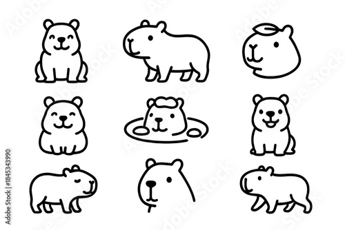 Simple black line art icons featuring cute capybara in various poses