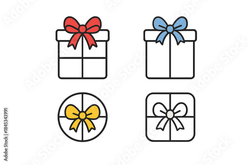 Four colorful gift box icons with decorative bows