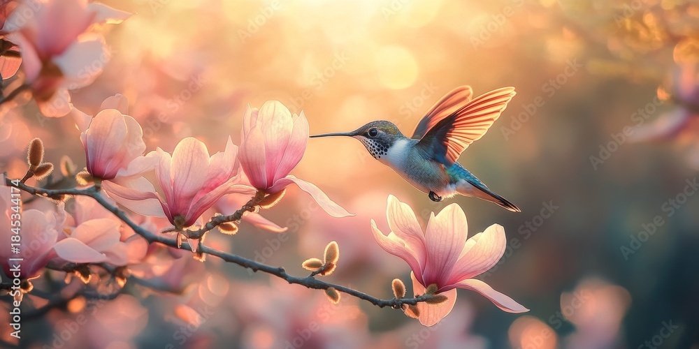 Obraz premium Hummingbird flying near pink magnolia flowers at sunset during spring migration