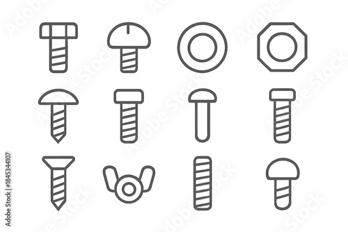 Collection of hardware fasteners icons featuring various screws bolts and nuts