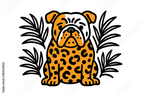 Stylized bulldog portrait with vibrant leopard spots and tropical foliage