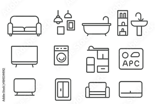 Thin line icons depicting household furniture and electronic appliances