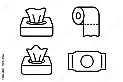 Four essential paper hygiene product line icons featuring tissues and toilet paper