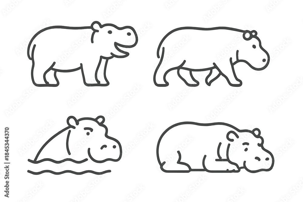 Fototapeta premium Set of four simple outline icons depicting hippopotamus in different poses
