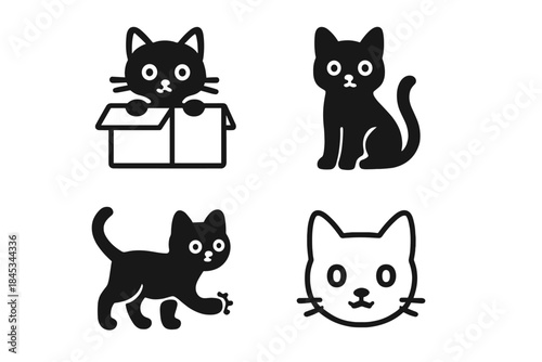 Four adorable black cat icons displaying various playful and engaging poses