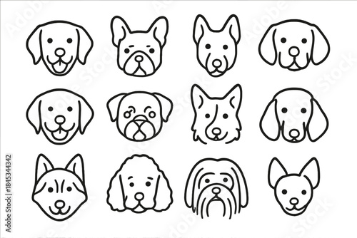 Twelve simple outline icons featuring various cute dog breed heads