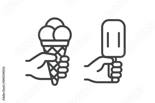 Set of icons showing hand holding ice cream cone and popsicle