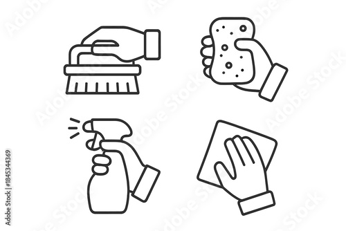 Outline icons of hands holding various cleaning implements and tools
