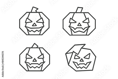 Four geometric line art icons of jack o lanterns with distinct carved faces