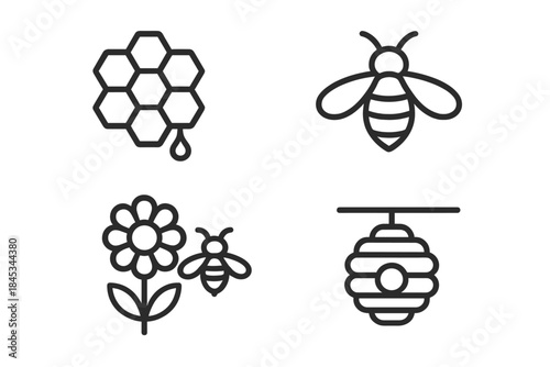 Simple line icons for beekeeping and honey production elements
