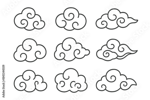 Nine traditional Asian swirling cloud line icons for graphic design