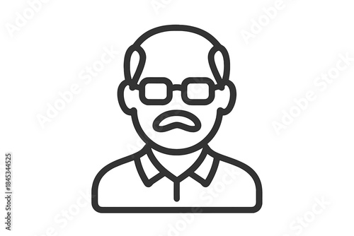 Outline icon of a bald senior man with glasses and mustache