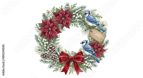 PNG cut out isolated background. A watercolor illustration of a festive holiday wreath decorated with red poinsettia flowers, snowy pinecones, white berries, and a red velvet bow. Two blue jays perch 