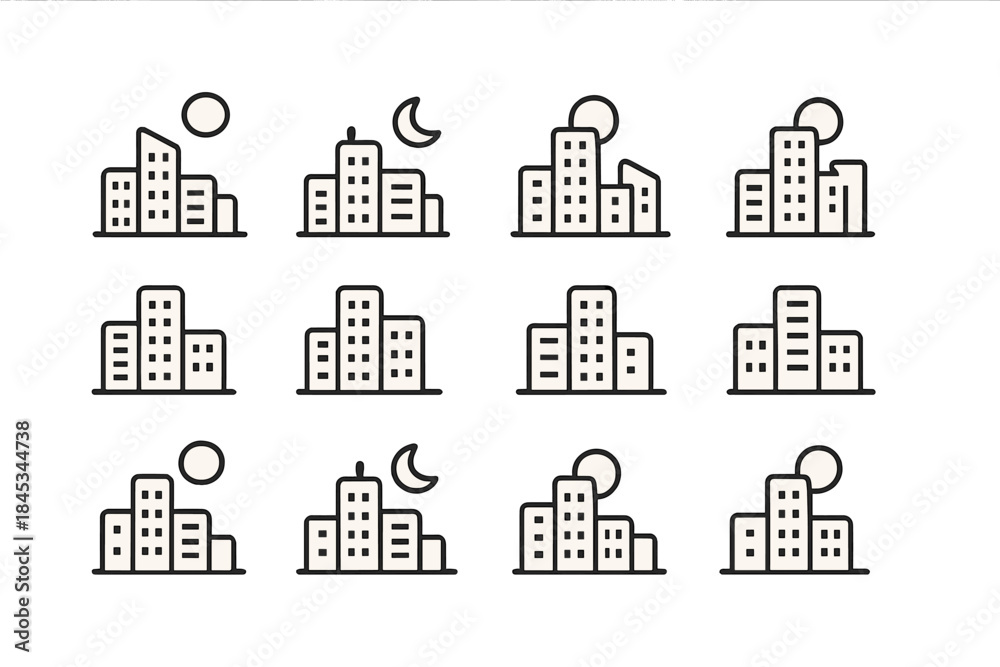 Naklejka premium Simple outline icons of city skyline variations for day and night scenes