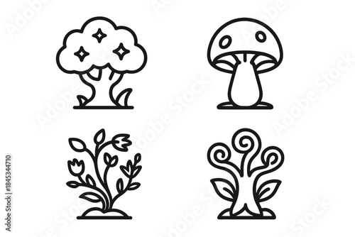 Four stylized nature icons featuring tree, mushroom, and various plants