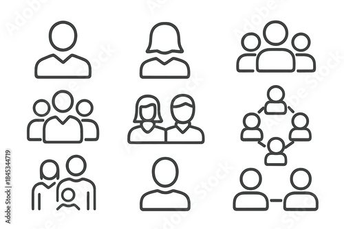 Abstract outline icons for user profiles, groups, and team structures