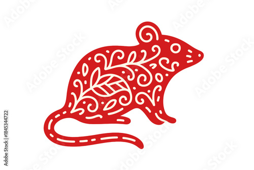 Stylized red rodent silhouette with intricate white folk art floral pattern