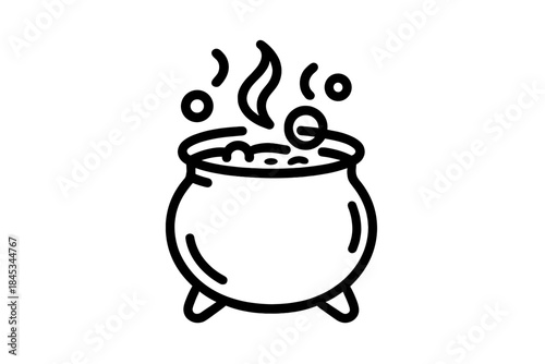 Simple black outline icon of a bubbling witch cauldron with steam