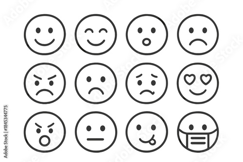 Twelve black line art icons depicting various facial expressions and emotions