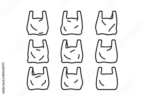 Nine various plastic shopping bag outline icons in a set