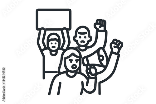 Diverse group of activists protesting with megaphone and blank sign