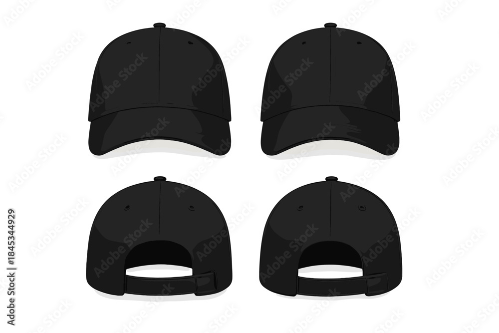 Obraz premium Plain black baseball cap mockup views front and back angles