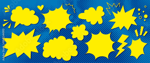 Blank comic speech bubbles with dynamic impact effects on blue halftone bg. Pop art frames with action lines, bursts, sparks, cartoon shapes for manga, anime design. Empty editable retro bubbles