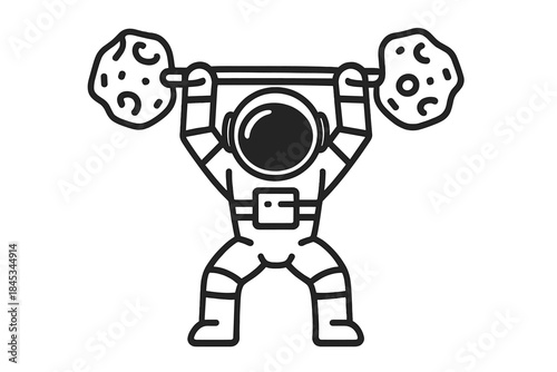 Astronaut lifting heavy barbell with asteroid weights in strong pose