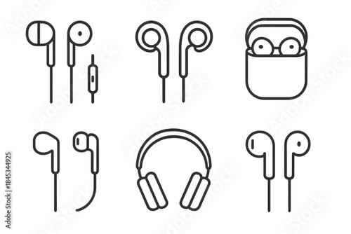 Outline icons set of various earphone and headphone styles