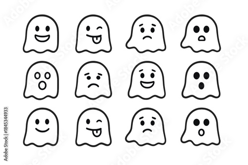 Twelve cute ghost emoticons showing various facial expressions