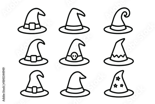 Nine black outline witch hats icons for Halloween celebration
