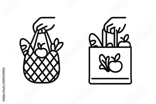 Hand holding reusable mesh and paper grocery bags with fresh produce icons