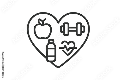 Heart shape with icons representing healthy lifestyle elements like nutrition and fitness