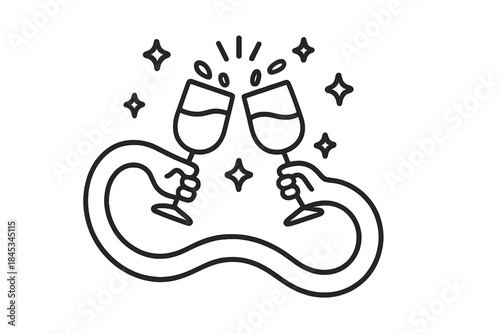 Two hands toasting with wine glasses and sparkling elements