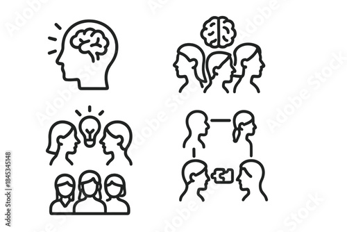 Outline icons set for teamwork, idea generation, and business concepts