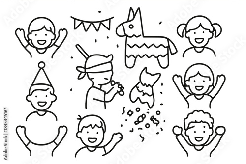 Happy children celebrating with pinata and falling confetti line art icons
