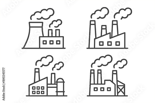 Four industrial factory icons showing smoke emissions from chimneys