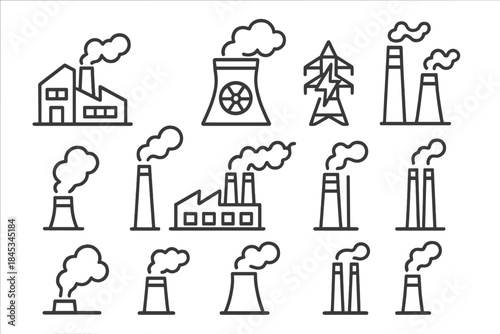 Industrial factory and power plant icons showing smoke emissions