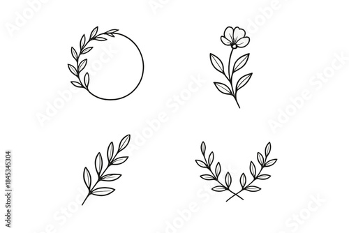 Set of four minimalist hand drawn botanical line art elements and wreaths