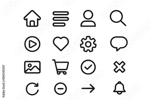 Basic outline icons for user interface navigation and common actions