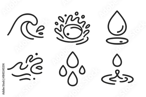 Set of abstract line icons representing water, waves, and liquid drops