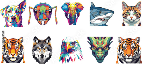 Vibrant and Diverse Animal Portraits in Geometric Abstract Art Style