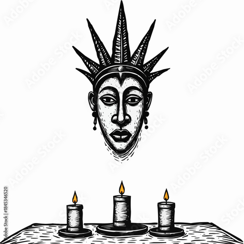 Black African mask illustration with candles for Kwanzaa celebration  