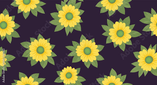 Bright yellow sunflowers with green leaves are arranged in a repeating tile across a deep purple background to create a bold floral pattern for textiles.