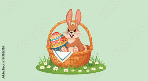 Playful brown bunny sits inside a woven basket on a bright spring meadow beside a colorful decorated Easter egg and a white napkin among blooming daisies.