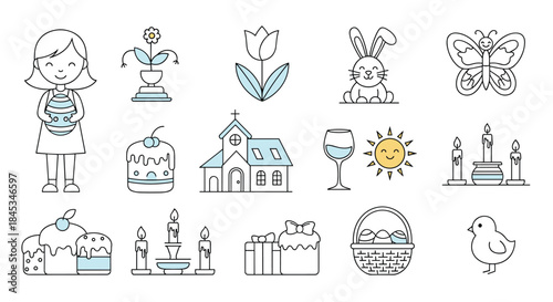 Celebration icons depict a cheerful spring scene with a girl flowers cake church wine glass sun candles bunny butterfly bird tulip basket cross and gifts.