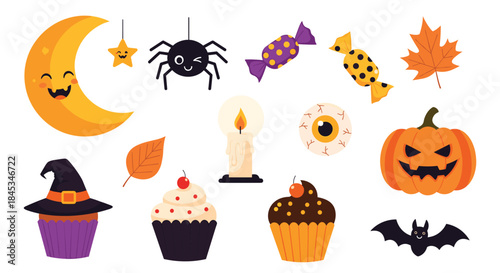 Playful halloween themed illustration with a smiling crescent moon a hanging star spider wrapped candies a candle a donut and cupcakes beside a carved pumpkin.