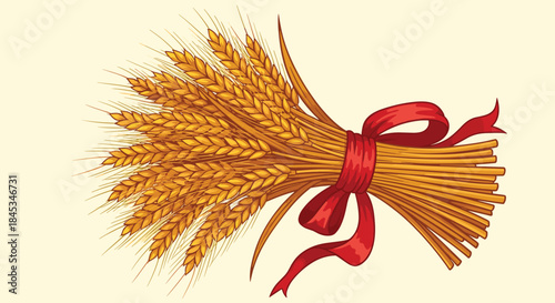 Bright bundles of golden wheat stalks tied with a red ribbon form a rustic harvest centerpiece that radiates warmth and abundance.