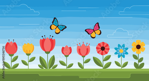 Colorful garden scene with vibrant tulips daisies and butterflies fluttering above a lush green lawn under a clear bright blue sky during a sunny day.